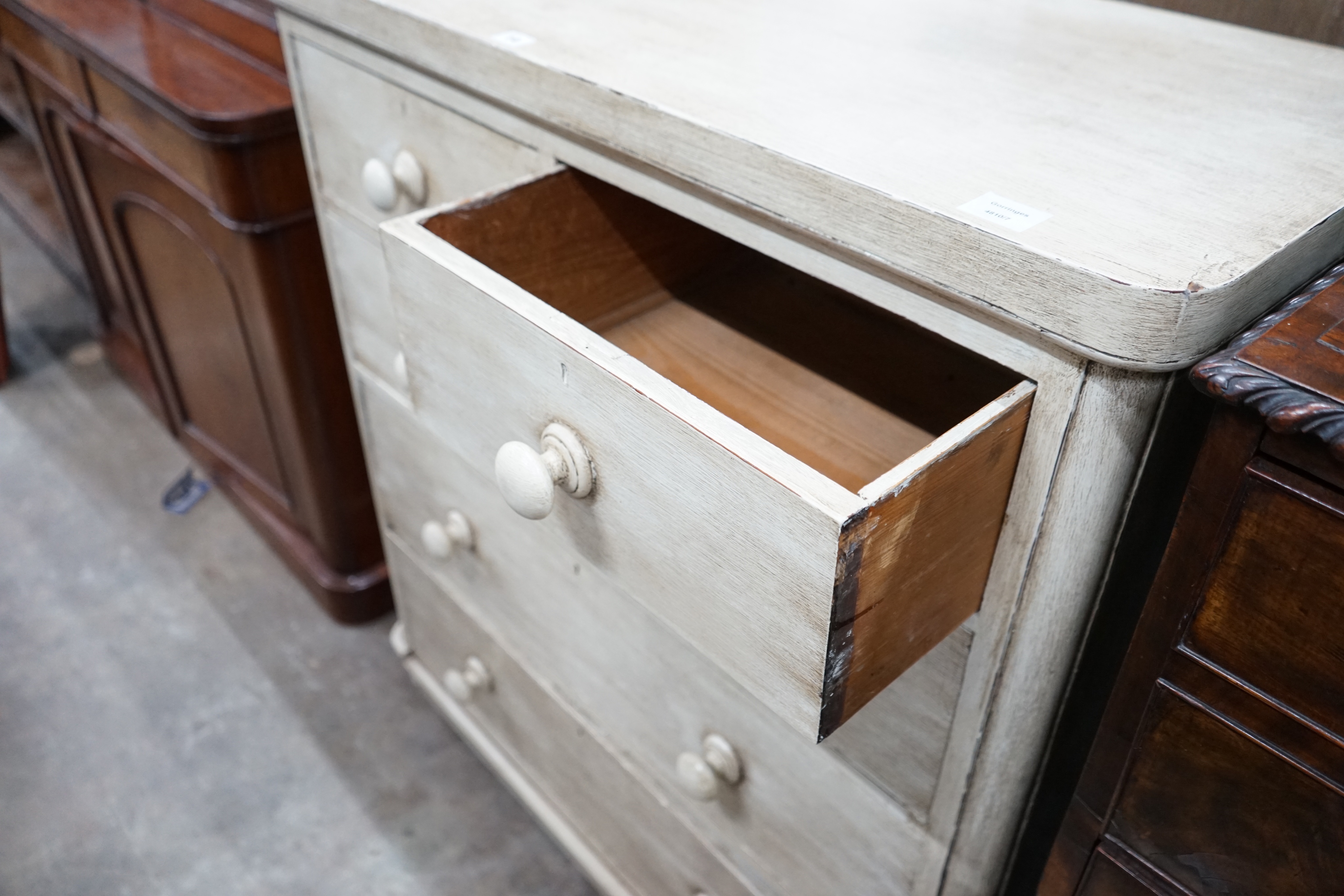 A Victorian later painted chest of two short and three long drawers, width 102cm depth 48cm height 111cm